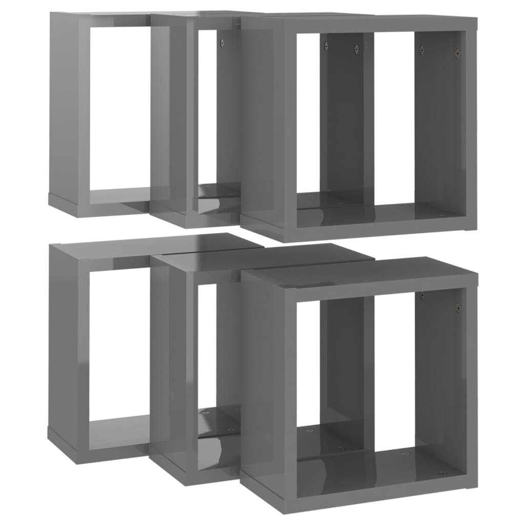 Wall Cube Shelves 6 pcs High Gloss Grey 30x15x30 cm - Newstart Furniture