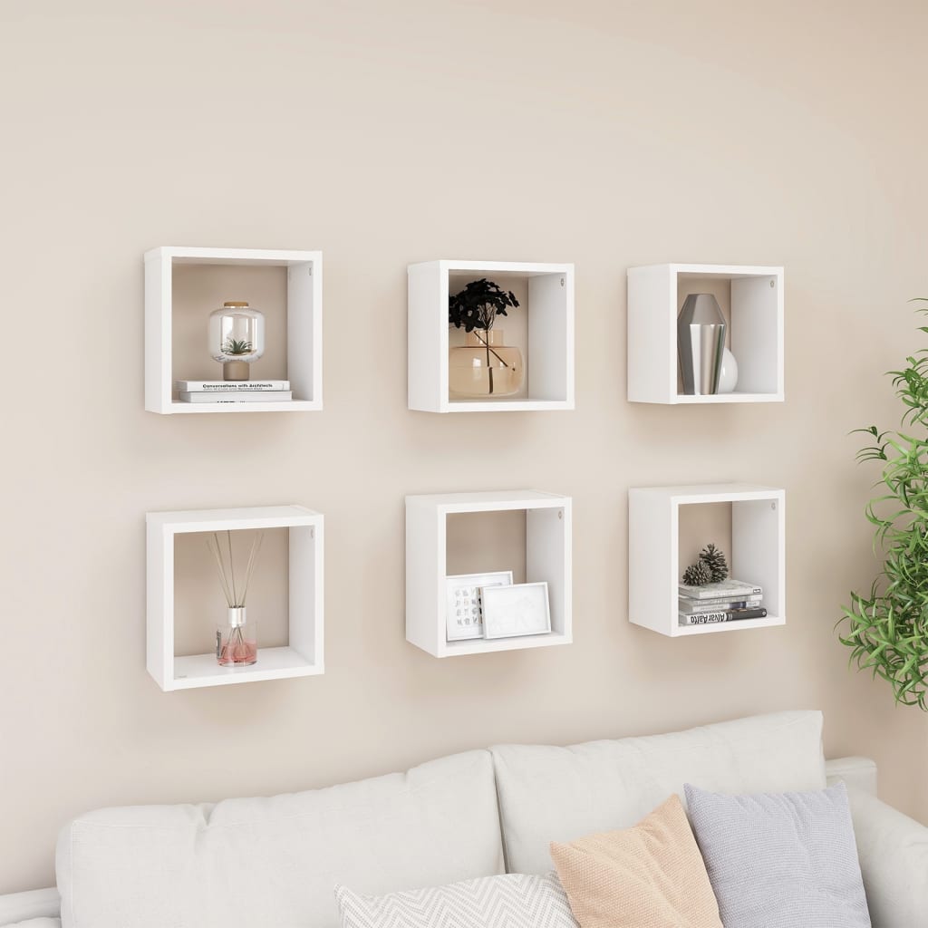 Wall Cube Shelves 6 pcs White 26x15x26 cm - Newstart Furniture