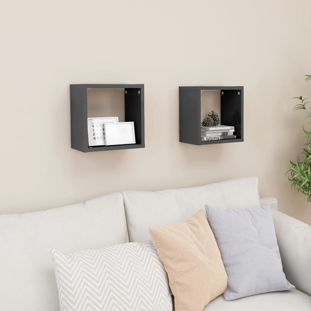 Wall Cube Shelves 2 pcs High Gloss Grey 26x15x26 cm - Newstart Furniture