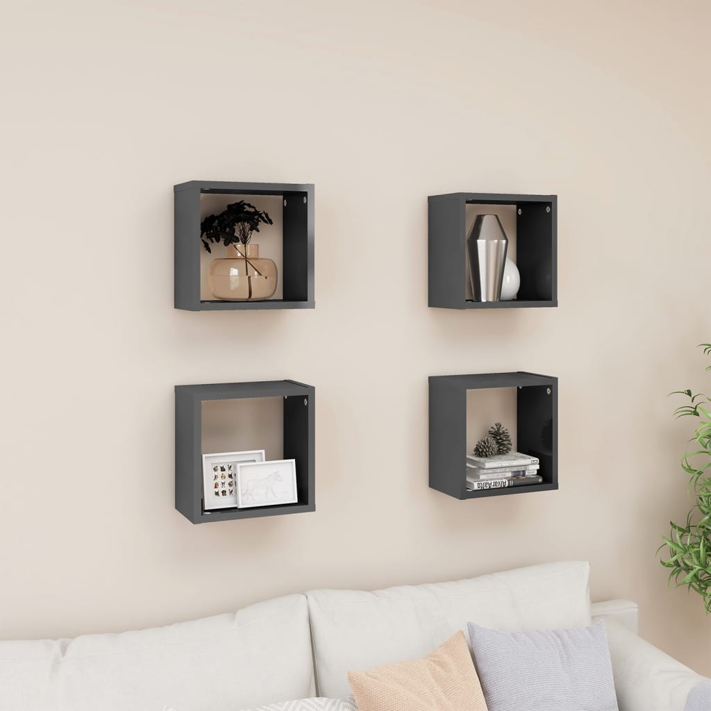 Wall Cube Shelves 4 pcs High Gloss Grey 26x15x26 cm - Newstart Furniture