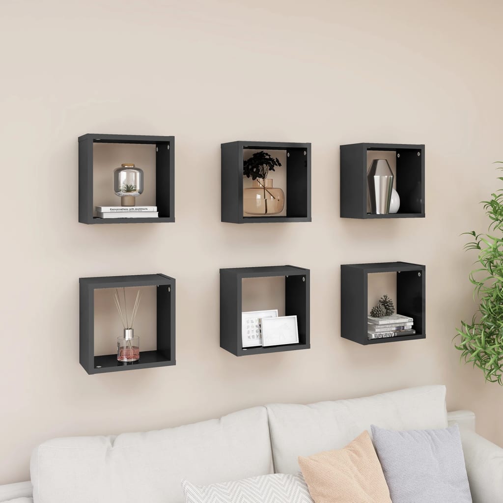 Wall Cube Shelves 6 pcs High Gloss Grey 26x15x26 cm - Newstart Furniture