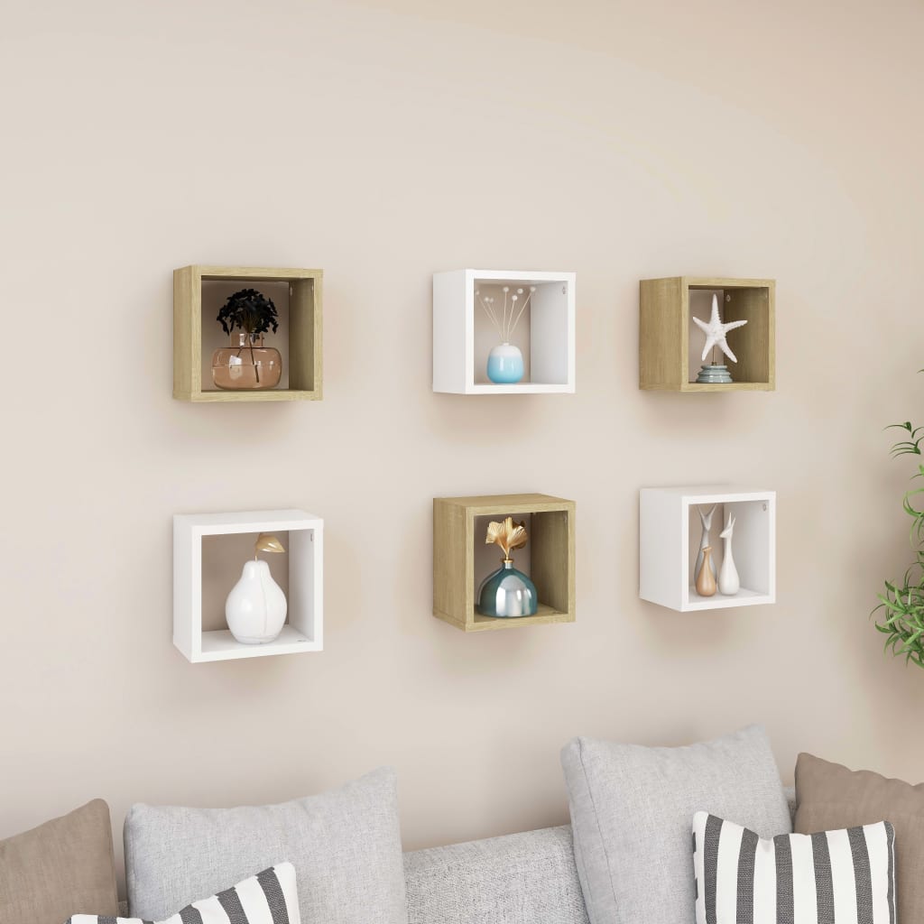 Wall Cube Shelves 6 pcs White and Sonoma Oak 22x15x22 cm - Newstart Furniture