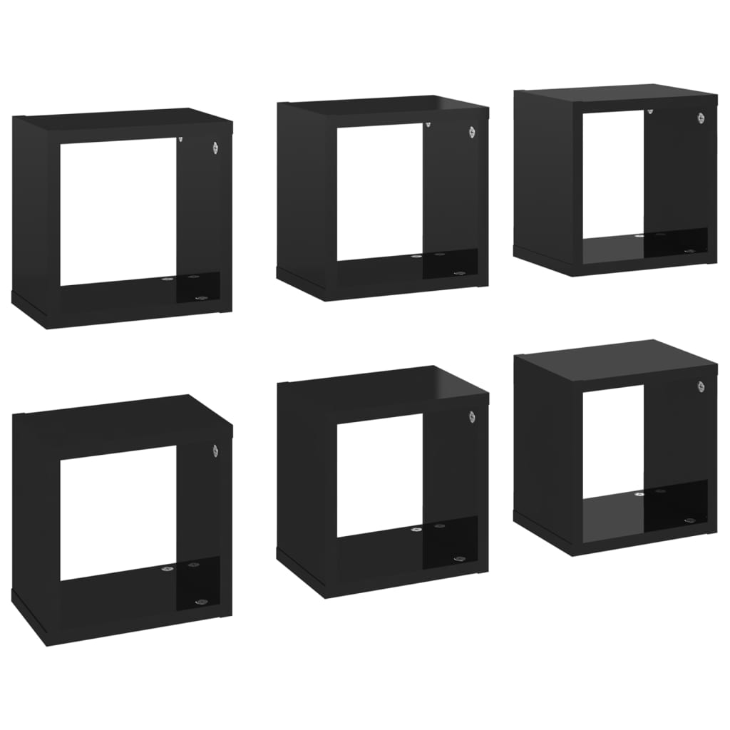 Wall Cube Shelves 6 pcs High Gloss Black 22x15x22 cm - Newstart Furniture
