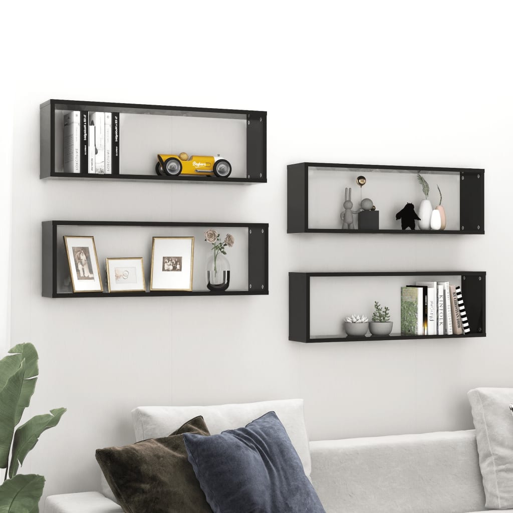 Wall Cube Shelves 4 pcs High Gloss Black 80x15x26.5cm Engineered Wood - Newstart Furniture