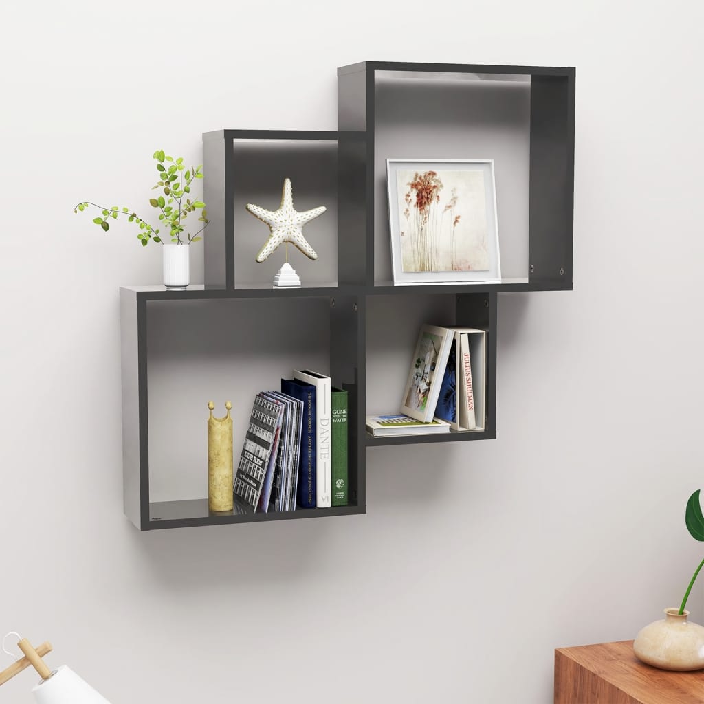 Wall Cube Shelf High Gloss Grey 80x15x78.5 cm Engineered Wood - Newstart Furniture