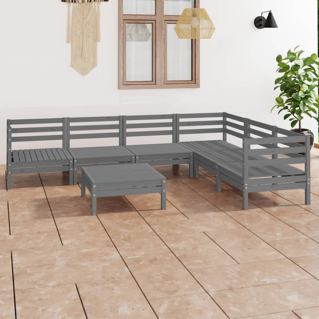 7 Piece Garden Lounge Set Solid Pinewood Grey - Newstart Furniture