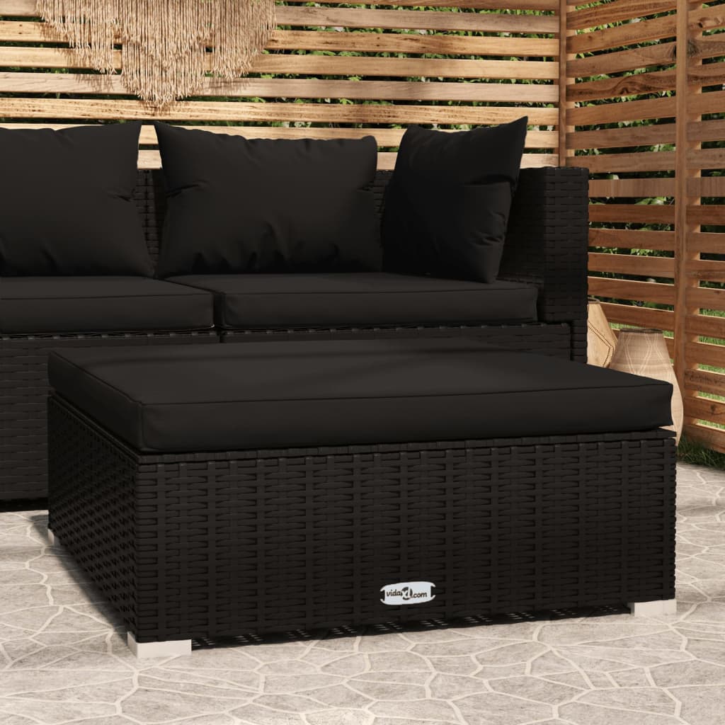 Garden Footrest with Cushion Black 70x70x30 cm Poly Rattan - Newstart Furniture