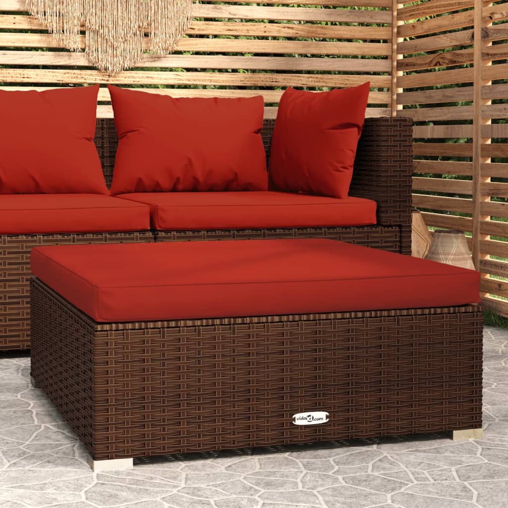 Garden Footrest with Cushion Brown 70x70x30 cm Poly Rattan - Newstart Furniture