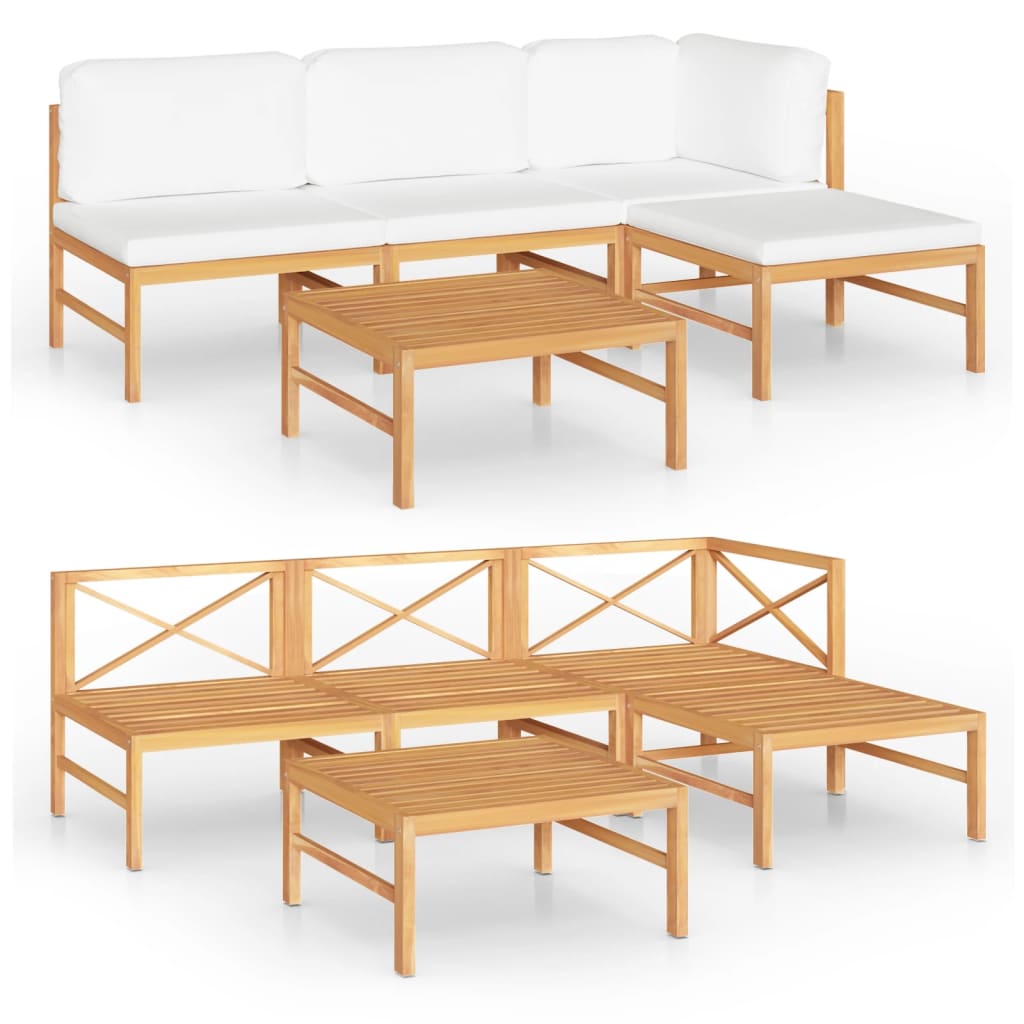 5 Piece Garden Lounge Set with Cream Cushions Solid Teak Wood - Newstart Furniture