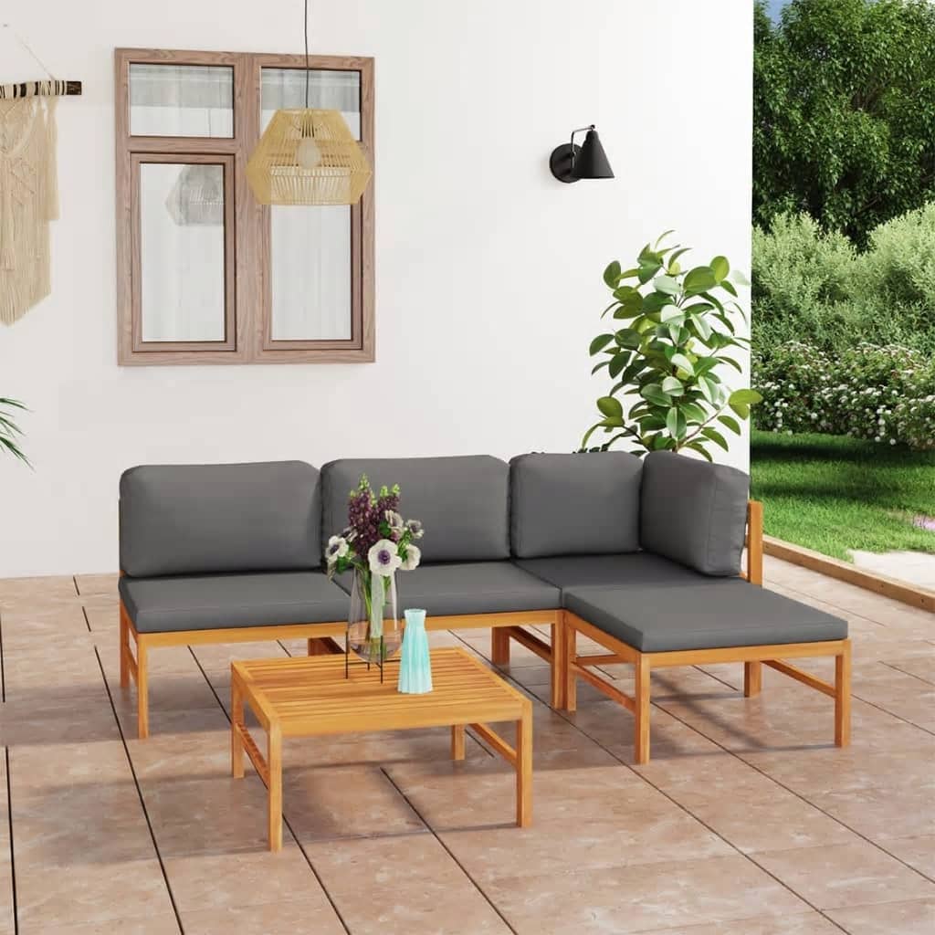 5 Piece Garden Lounge Set with Grey Cushions Solid Teak Wood - Newstart Furniture