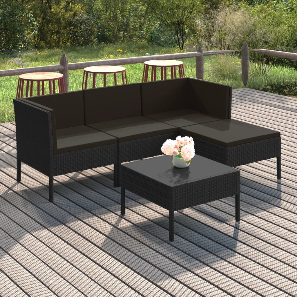 5 Piece Garden Lounge Set with Cushions Poly Rattan Black - Newstart Furniture