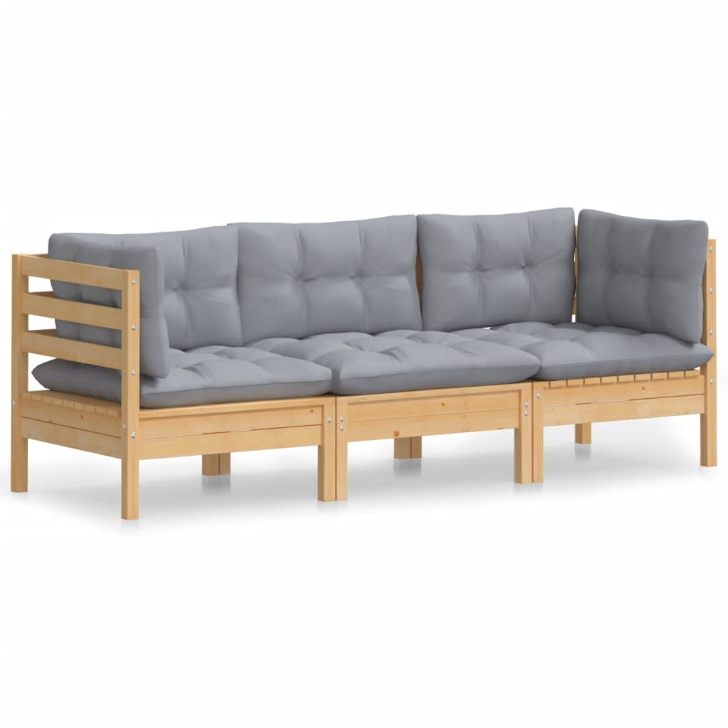 3-Seater Garden Sofa with Grey Cushions Solid Pinewood - Newstart Furniture