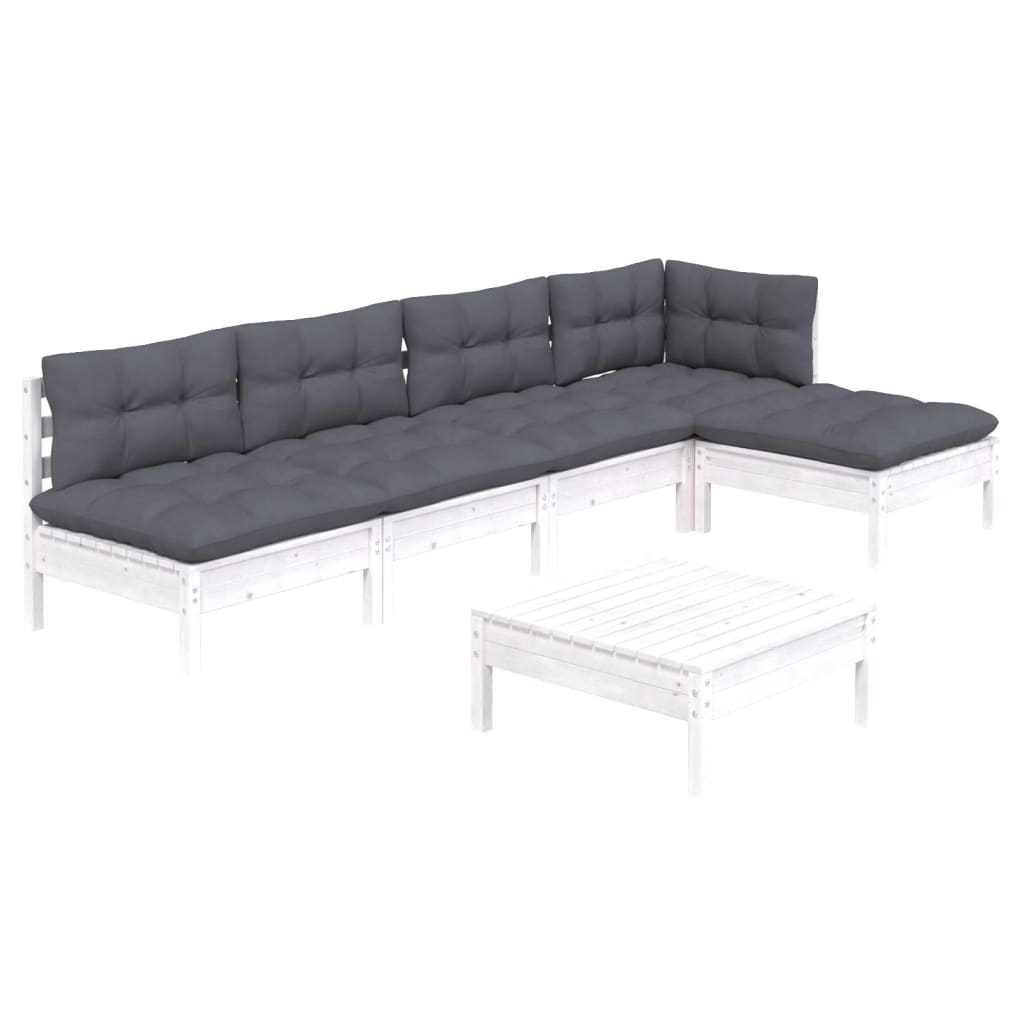 6 Piece Garden Lounge Set with Cushions White Pinewood - Newstart Furniture