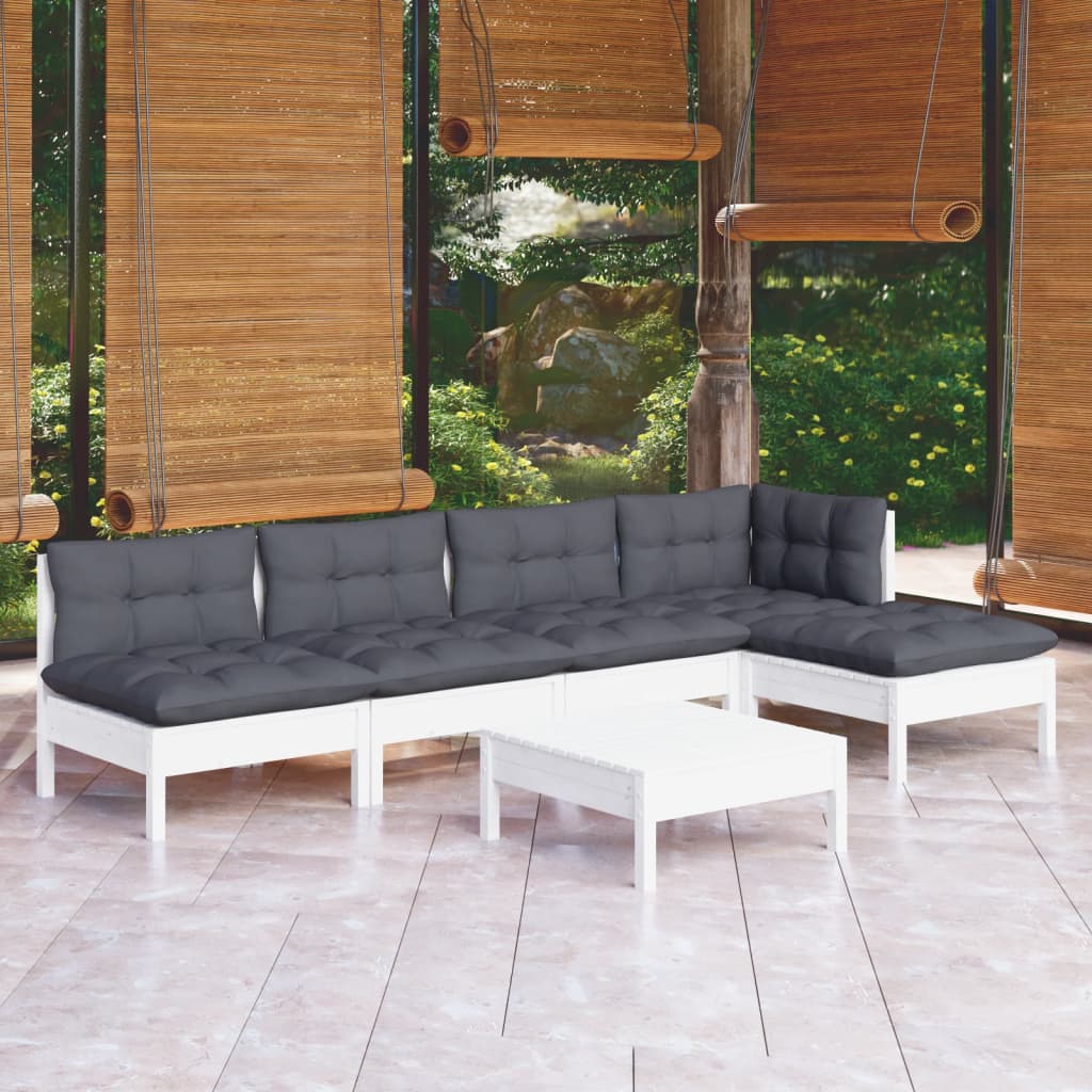 6 Piece Garden Lounge Set with Cushions White Pinewood - Newstart Furniture