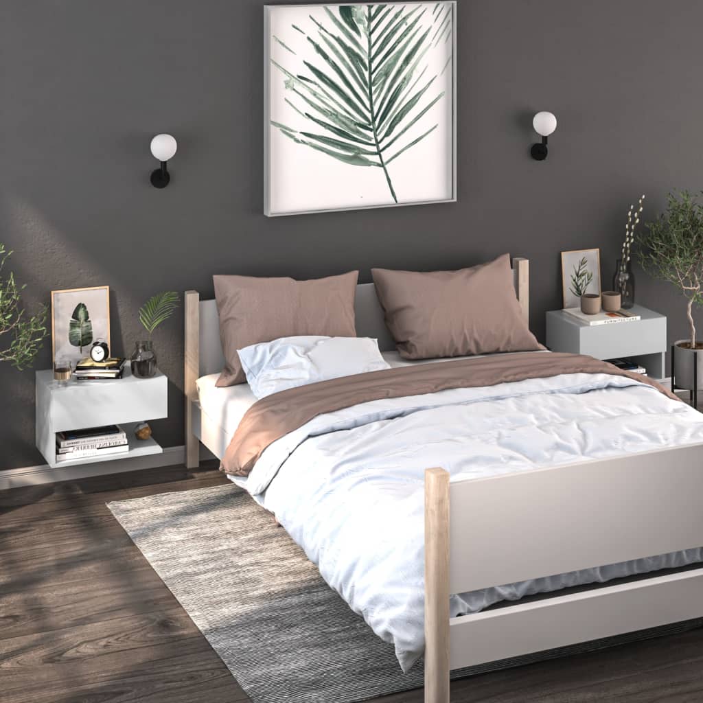 Wall-mounted Bedside Cabinet High Gloss White - Newstart Furniture