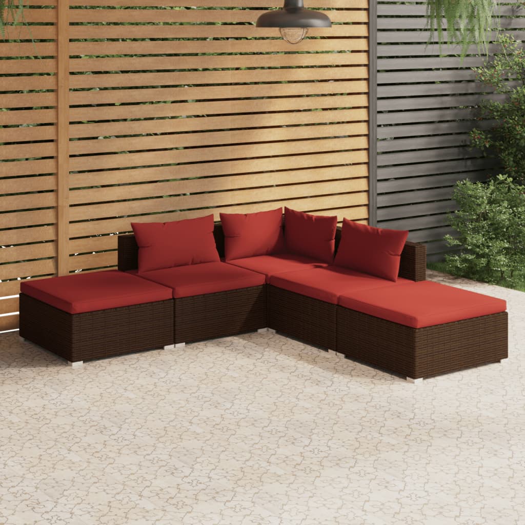 5 Piece Garden Lounge Set with Cushions Poly Rattan Brown - Newstart Furniture