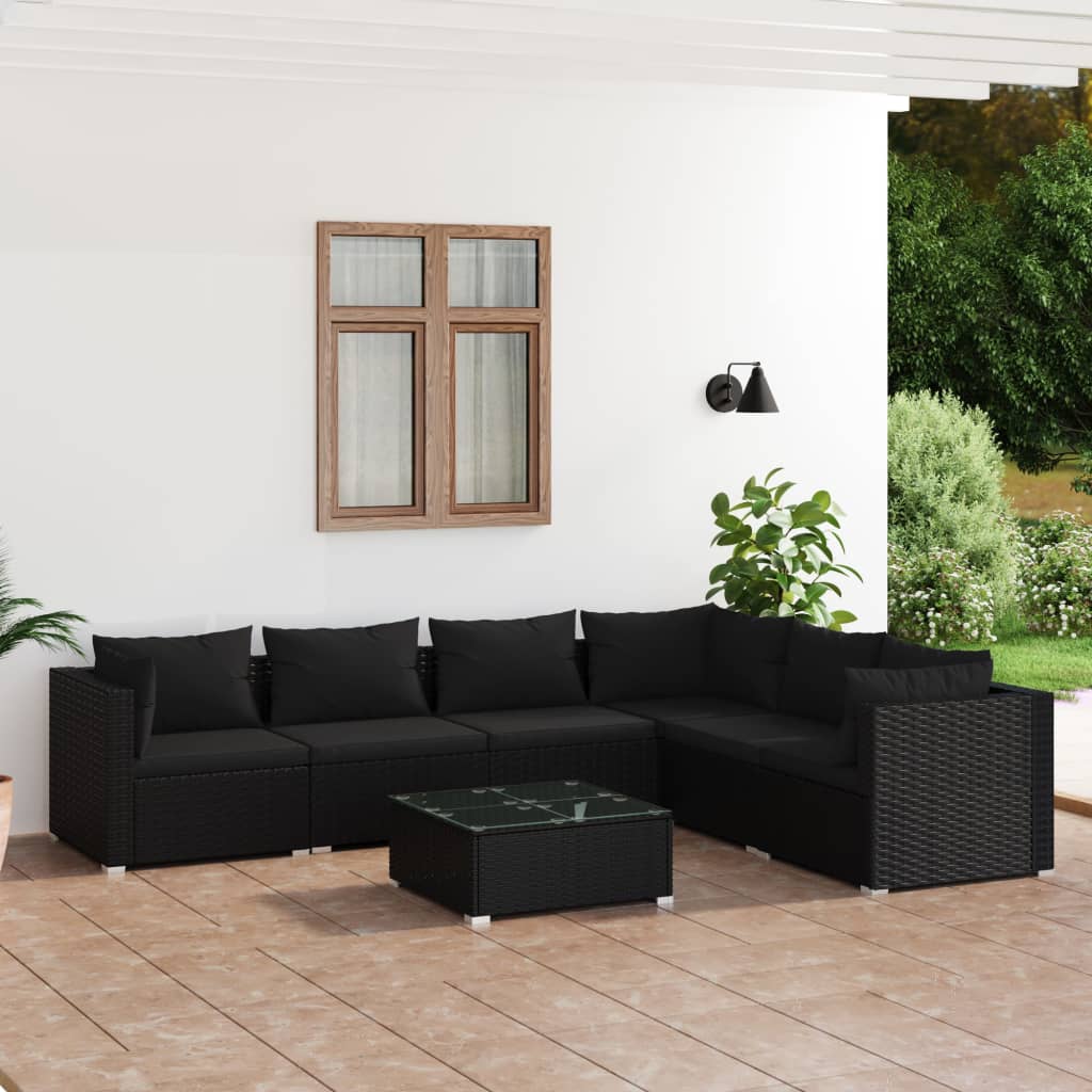 7 Piece Garden Lounge Set with Cushions Poly Rattan Black - Newstart Furniture