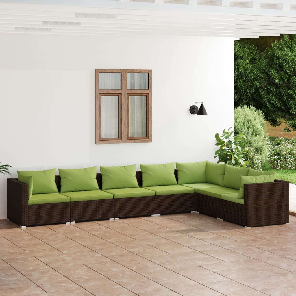 7 Piece Garden Lounge Set with Cushions Poly Rattan Brown - Newstart Furniture