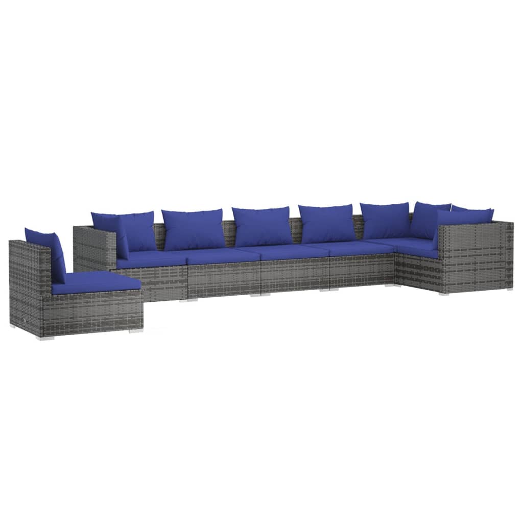 7 Piece Garden Lounge Set with Cushions Poly Rattan Grey - Newstart Furniture