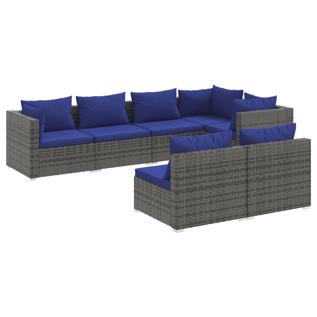 7 Piece Garden Lounge Set with Cushions Grey Poly Rattan - Newstart Furniture