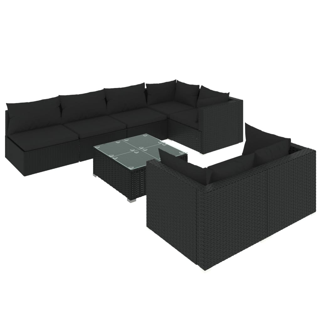 8 Piece Garden Lounge Set with Cushions Black Poly Rattan - Newstart Furniture