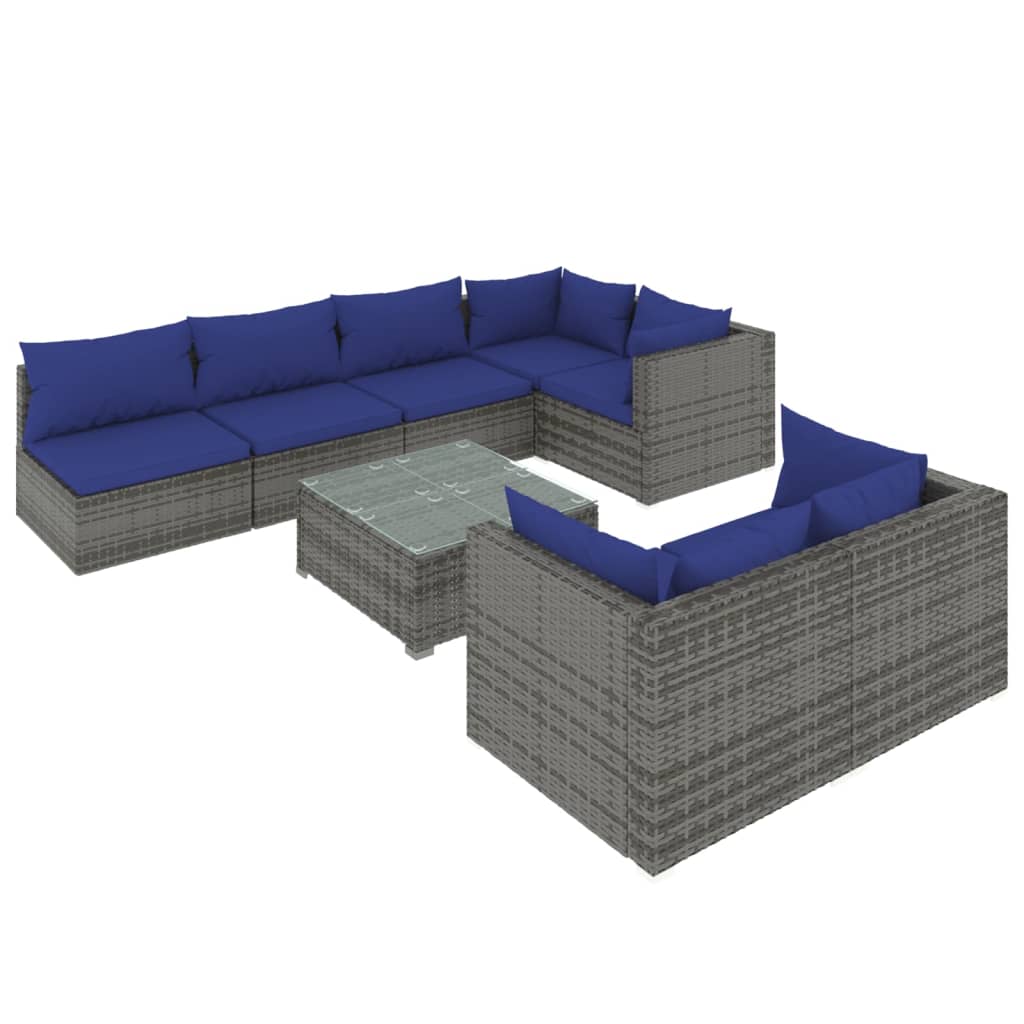 8 Piece Garden Lounge Set with Cushions Grey Poly Rattan - Newstart Furniture