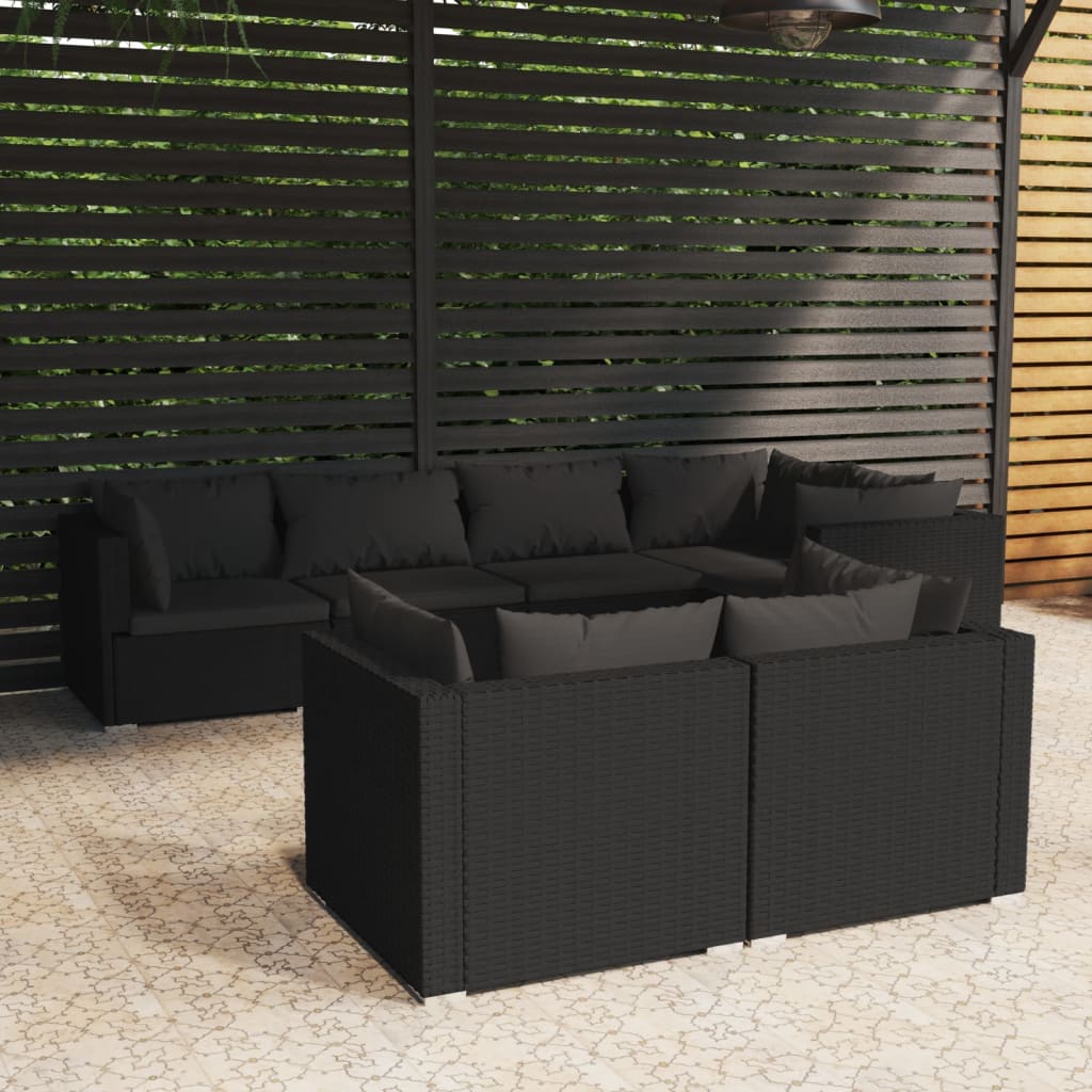 7 Piece Garden Lounge Set with Cushions Black Poly Rattan - Newstart Furniture