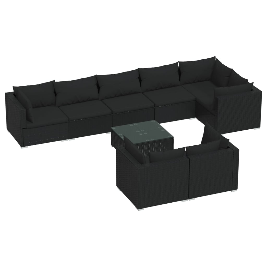 9 Piece Garden Lounge Set with Cushions Black Poly Rattan - Newstart Furniture