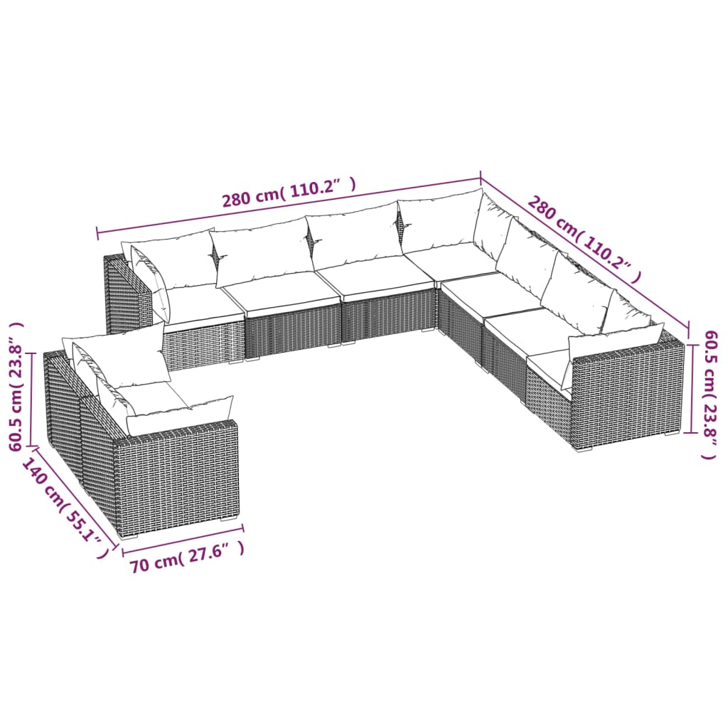 9 Piece Garden Lounge Set with Cushions Grey Poly Rattan - Newstart Furniture