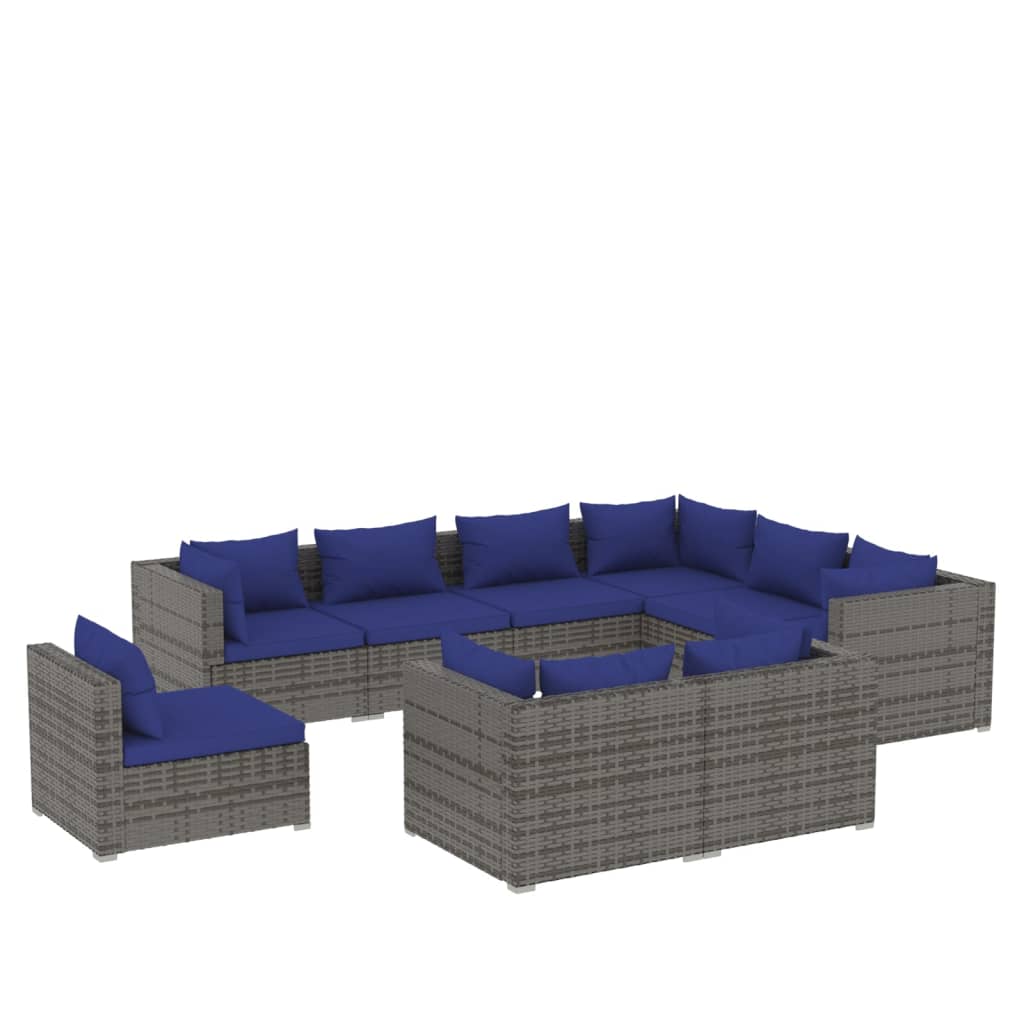 9 Piece Garden Lounge Set with Cushions Poly Rattan Grey - Newstart Furniture