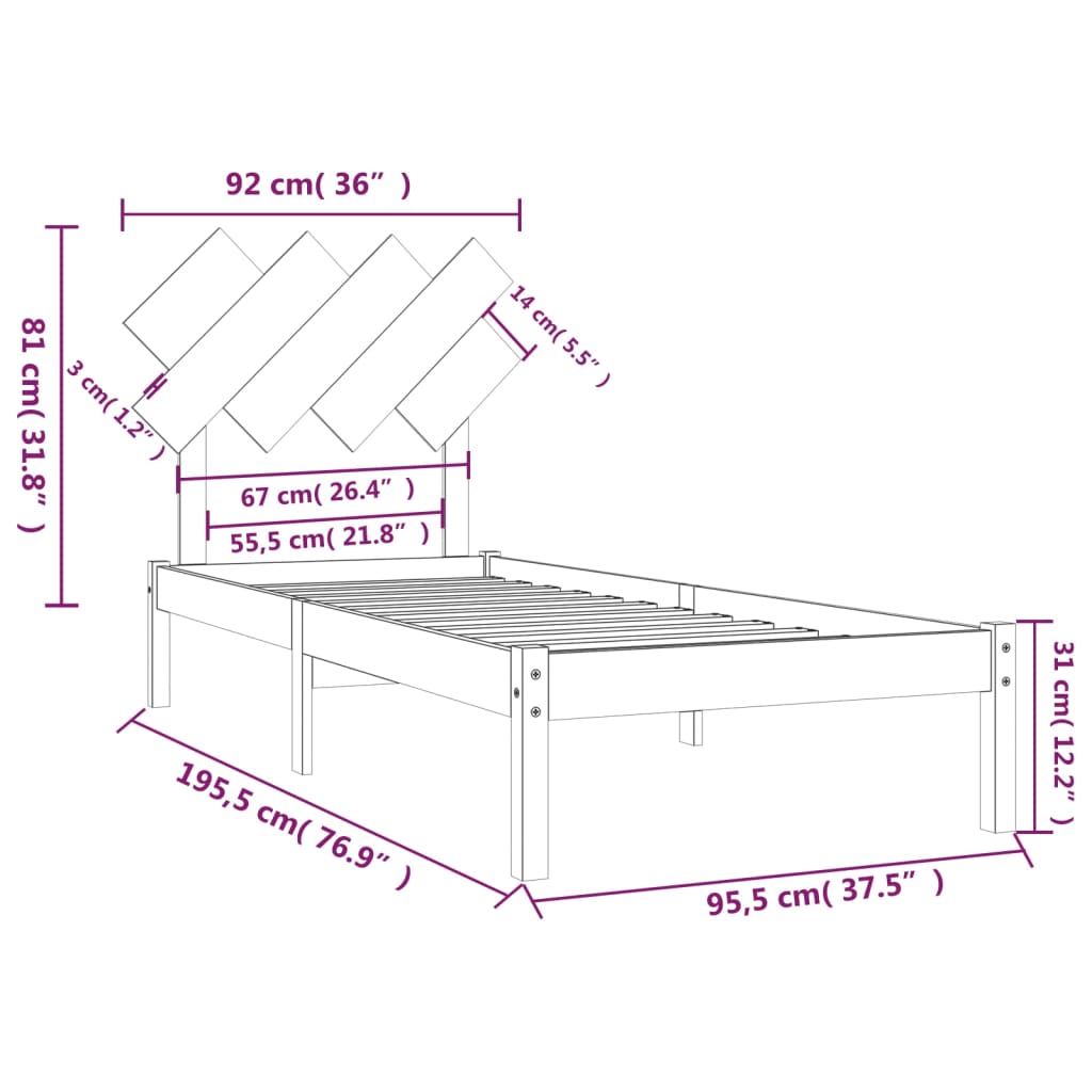 Bed Frame Black 92x187 cm Single Bed Size Solid Wood - Newstart Furniture