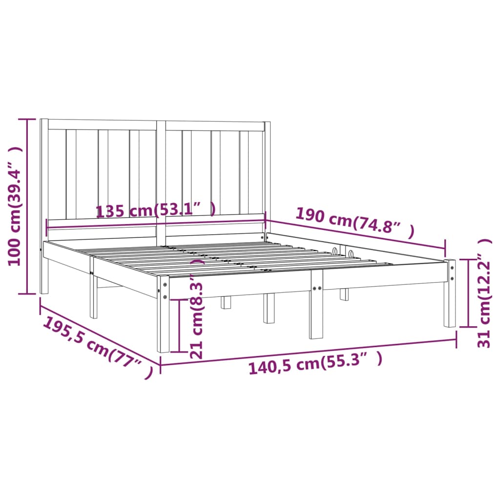 Bed Frame Black Solid Wood Pine 137x187 Double Size - Newstart Furniture