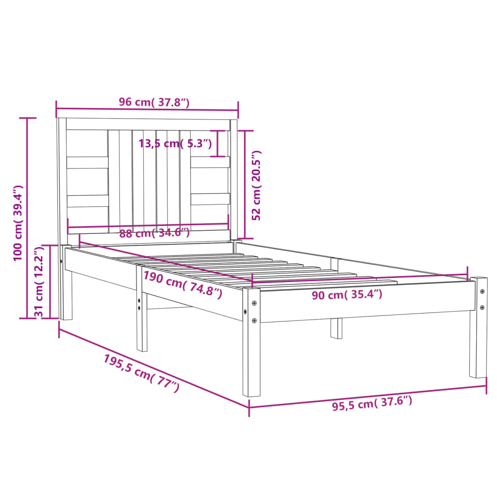 Bed Frame Black Solid Wood 92x187 cm Single Bed Size - Newstart Furniture