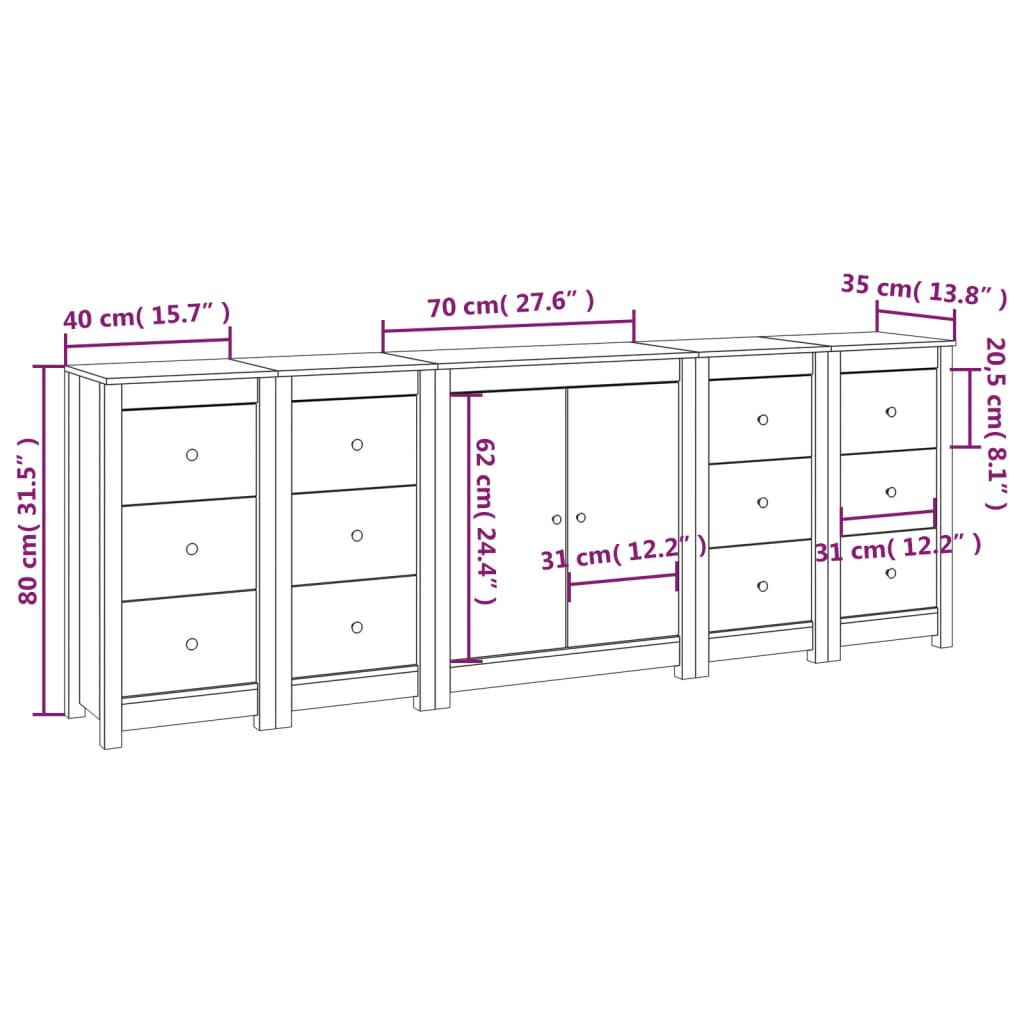 Sideboard White 230x35x80 cm Solid Wood Pine - Newstart Furniture