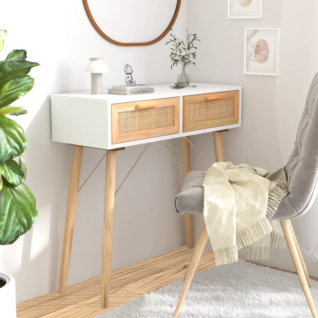 Console Table White 80x30x75 cm Solid Wood Pine&Natural Rattan - Newstart Furniture