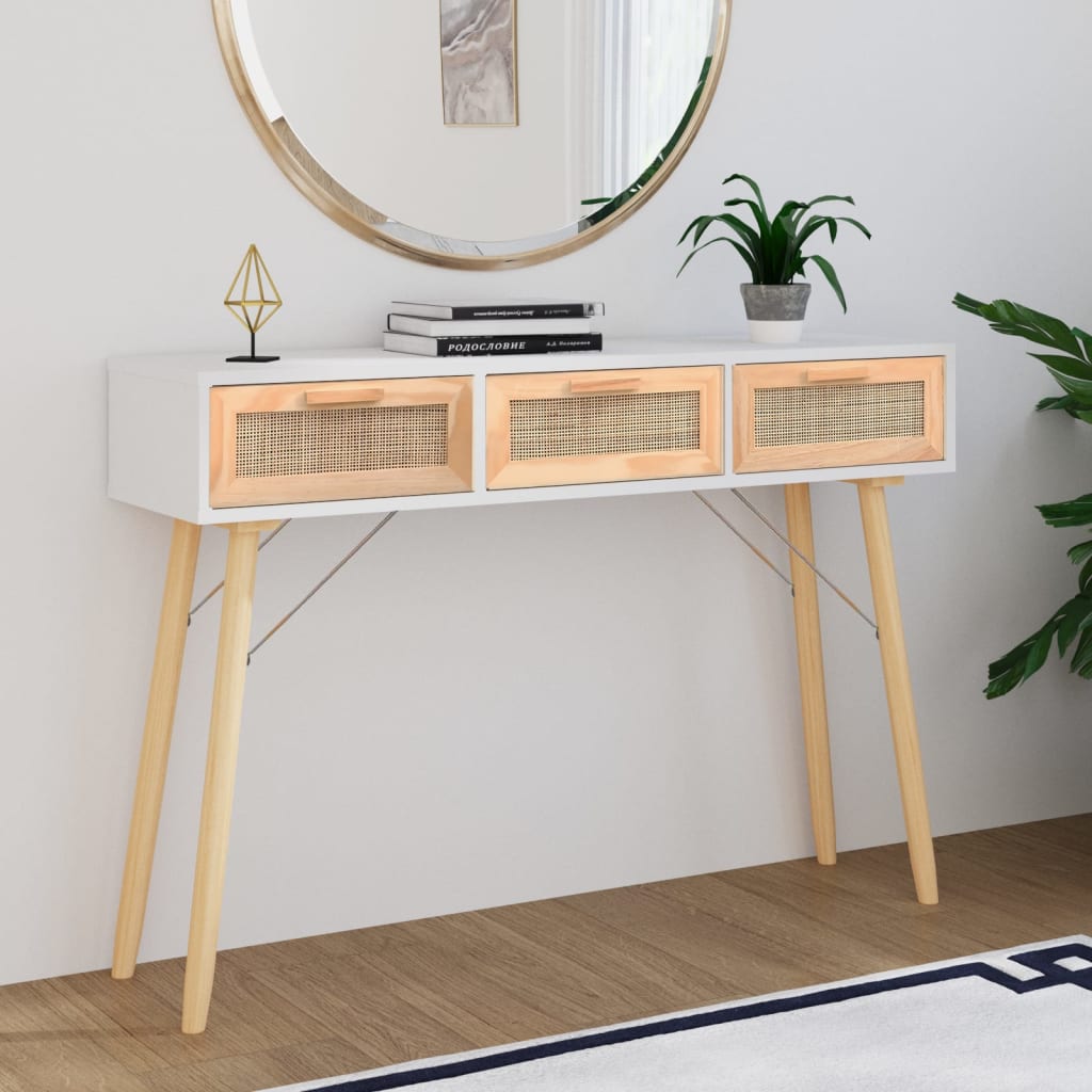 Console Table White 105x30x75 cm Solid Wood Pine&Natural Rattan - Newstart Furniture