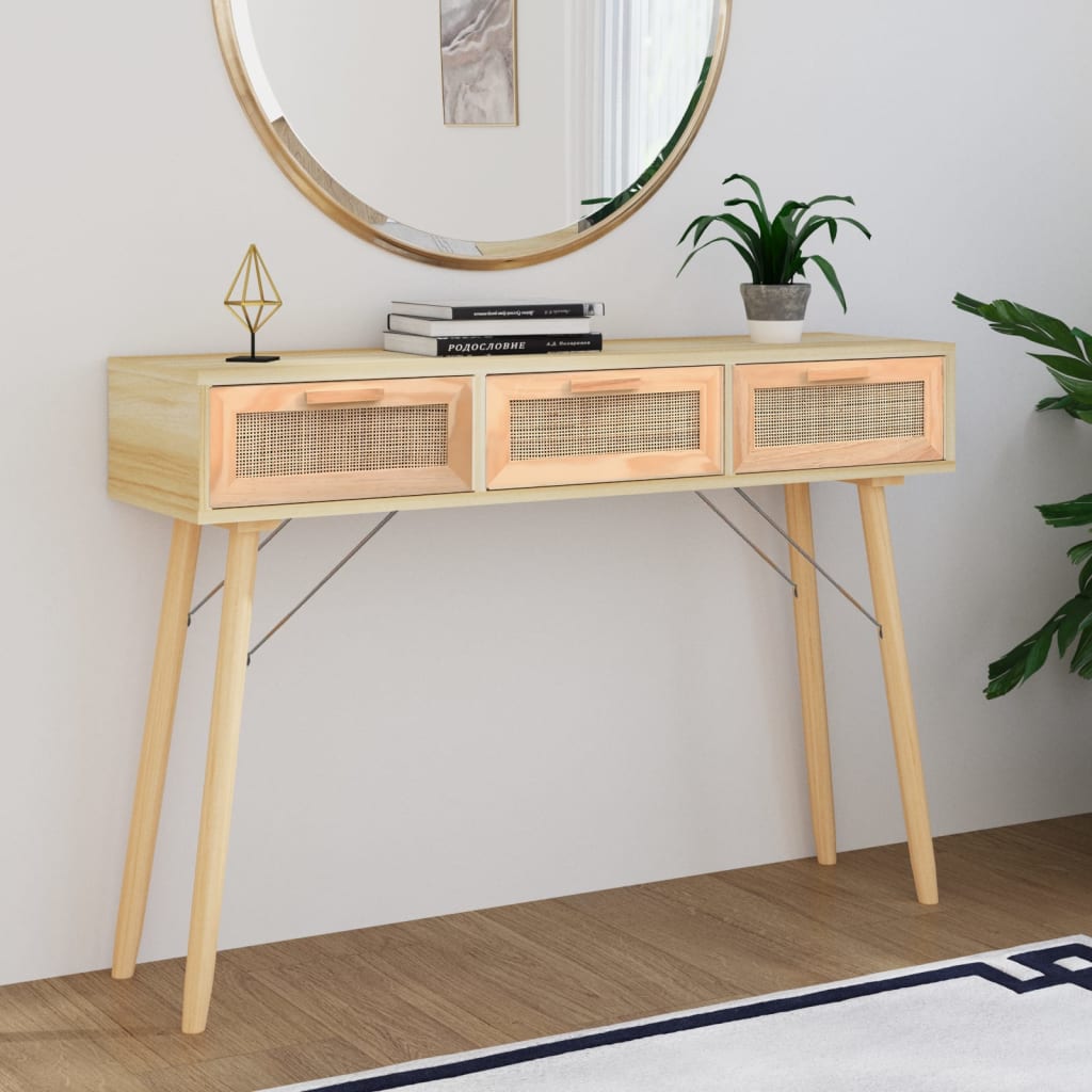 Console Table Brown 105x30x75 cm Solid Wood Pine&Natural Rattan - Newstart Furniture