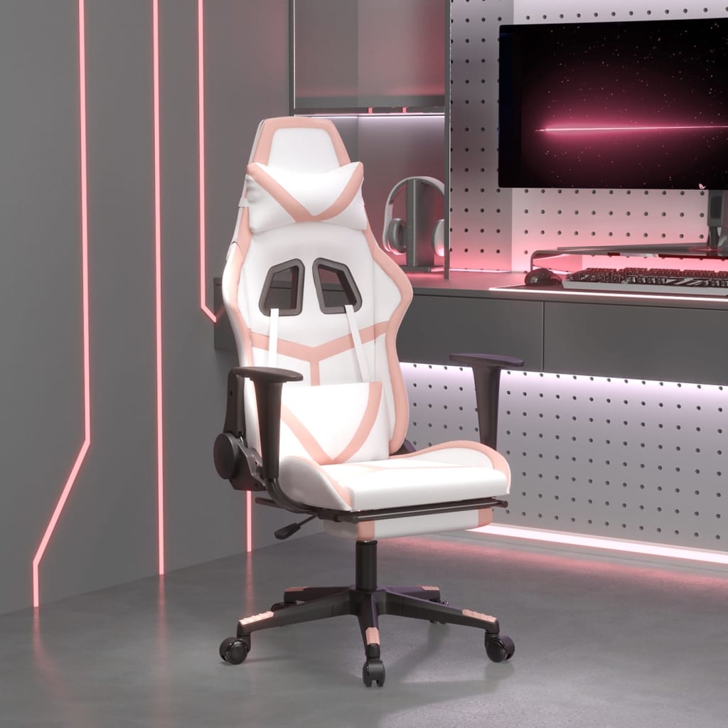 Gaming Chair with Footrest White and Pink Faux Leather - Newstart Furniture