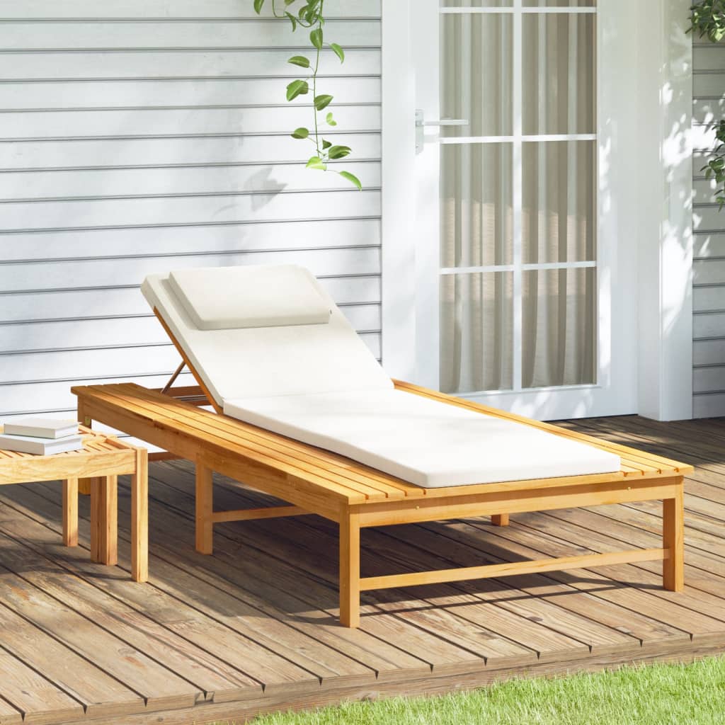Sun Lounger with Cream White Cushion and Pillow Solid Wood Acacia - Newstart Furniture