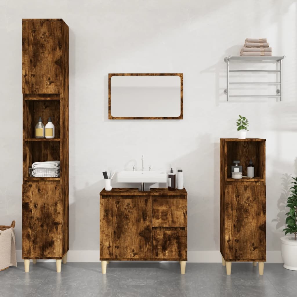 Bathroom Cabinet Smoked Oak 30x30x100 cm Engineered Wood - Newstart Furniture