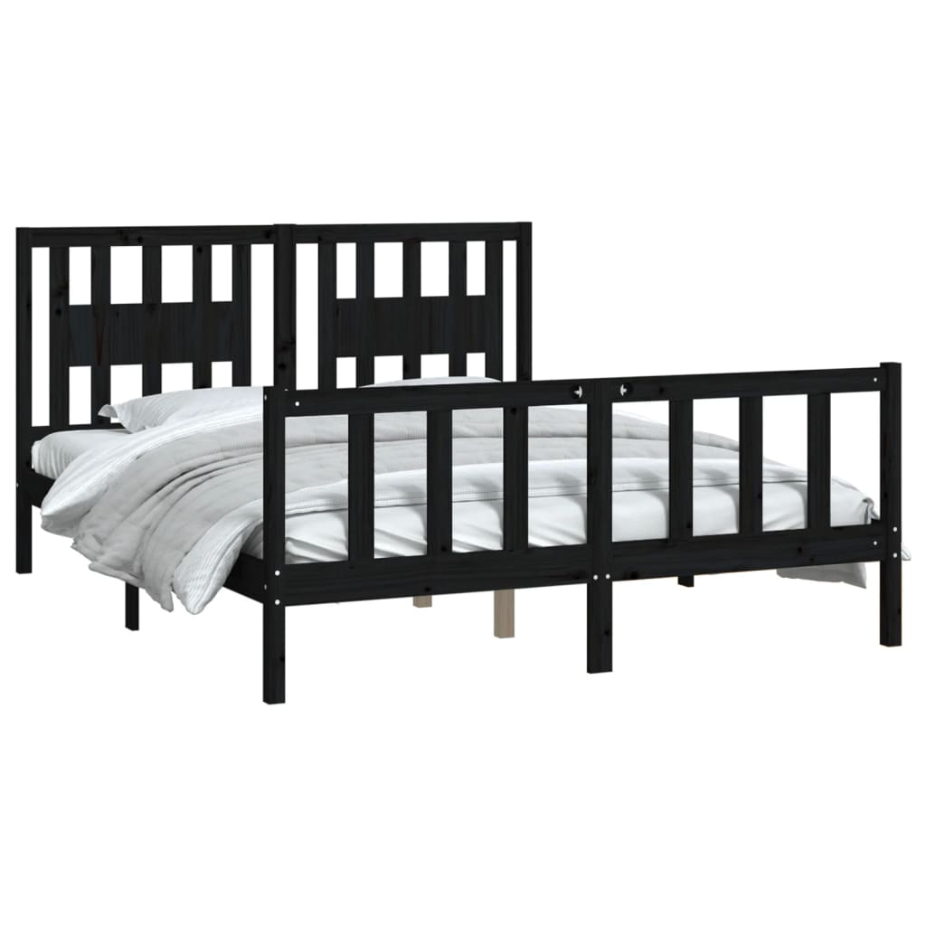 Bed Frame with Headboard Black Solid Wood Pine 153x203 cm Queen Size - Newstart Furniture