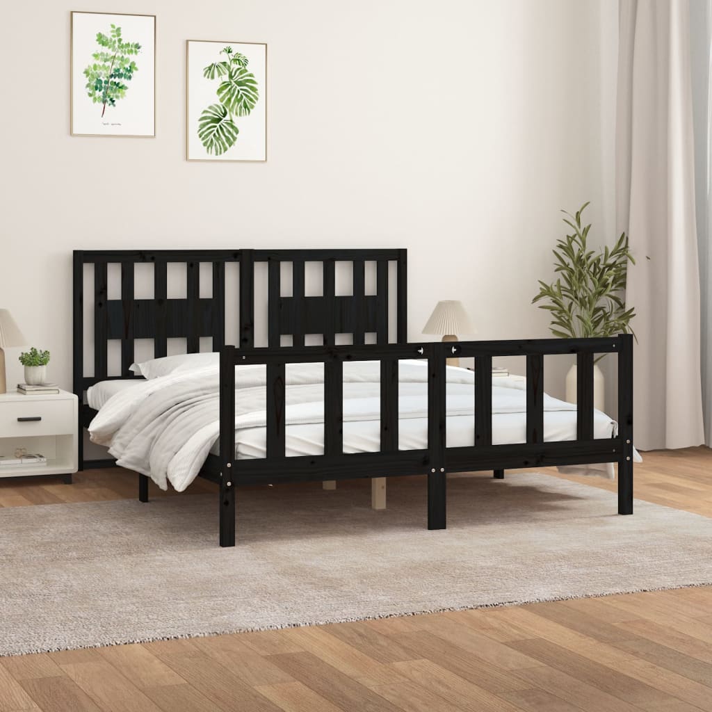 Bed Frame with Headboard Black Solid Wood Pine 153x203 cm Queen Size - Newstart Furniture
