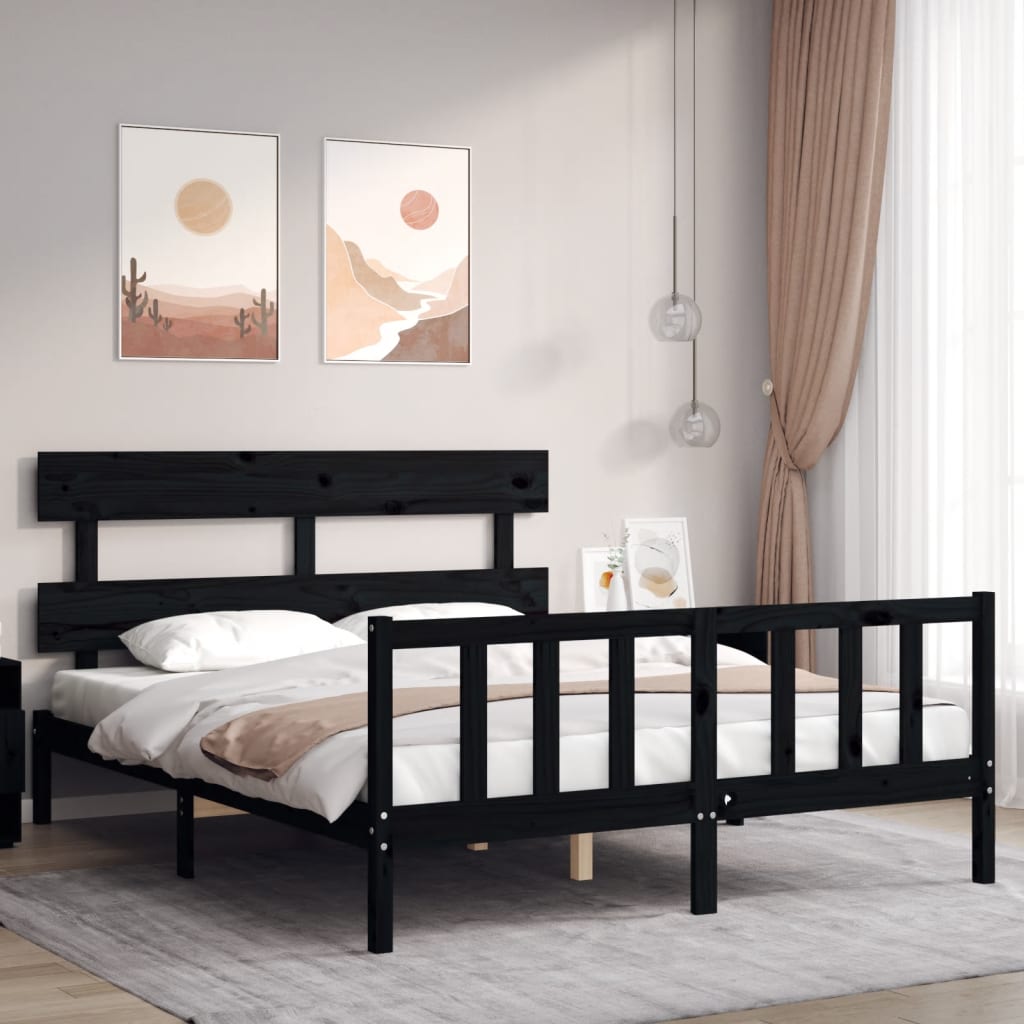 Bed Frame with Headboard Black 153x203 cm Queen Solid Wood - Newstart Furniture