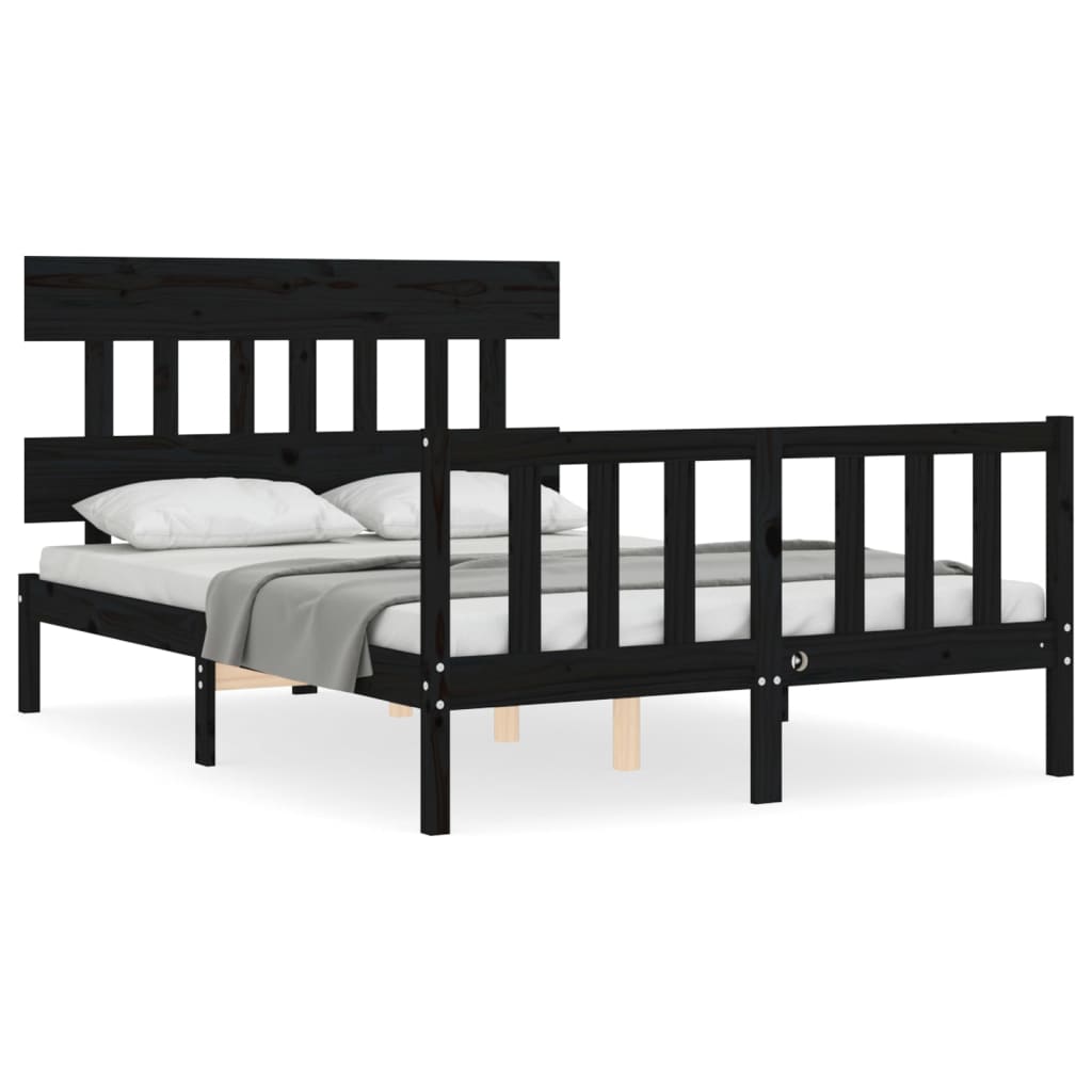 Bed Frame with Headboard Black 137x187 cm Double Size Solid Wood