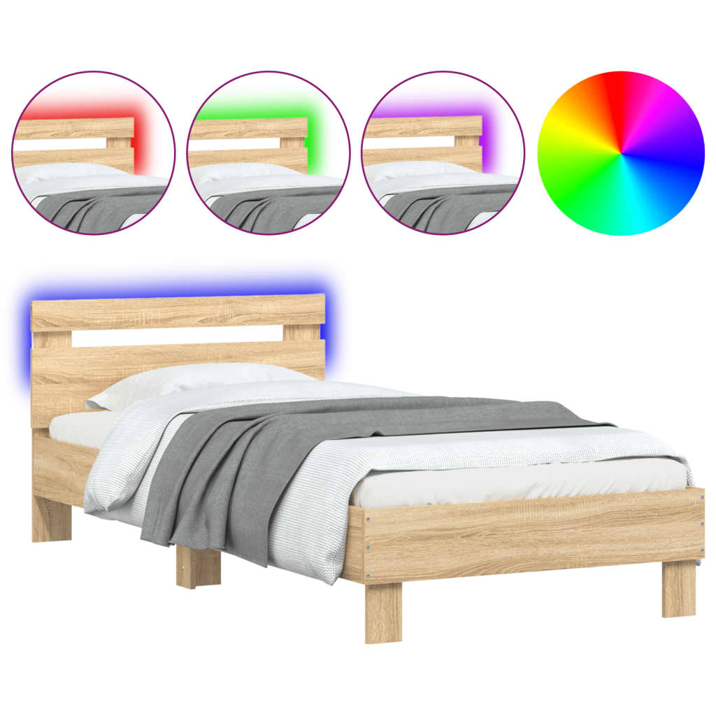 Bed Frame with Headboard and LED Lights Sonoma Oak 90x190 cm