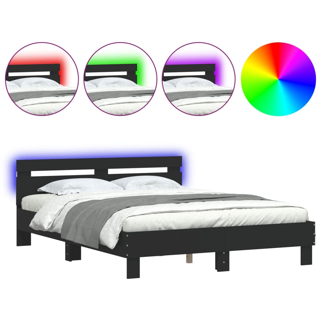 Bed Frame with Headboard and LED Black 150x200 cm