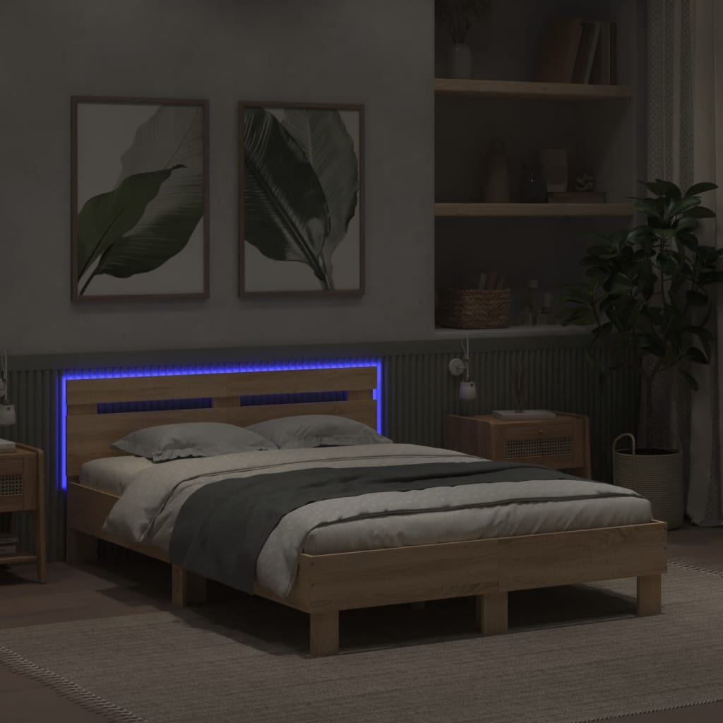 Bed Frame with Headboard and LED Sonoma Oak 135x190 cm