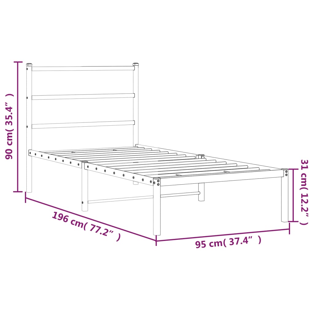 Metal Bed Frame with Headboard Black 90x190 cm