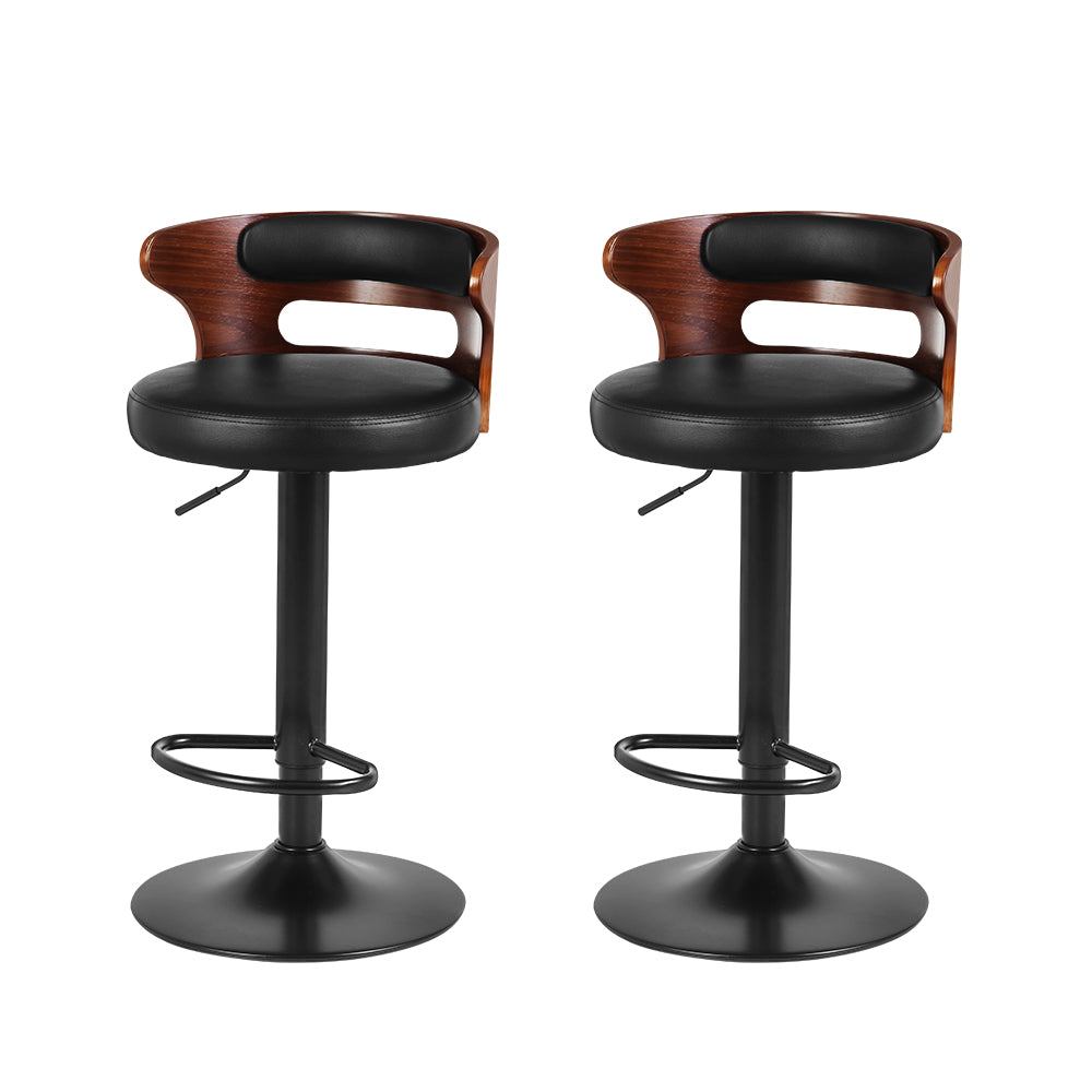 Artiss Set of 2 Bar Stools Kitchen Wooden Gas Lift Leather Stool Metal Black Barstools - Newstart Furniture