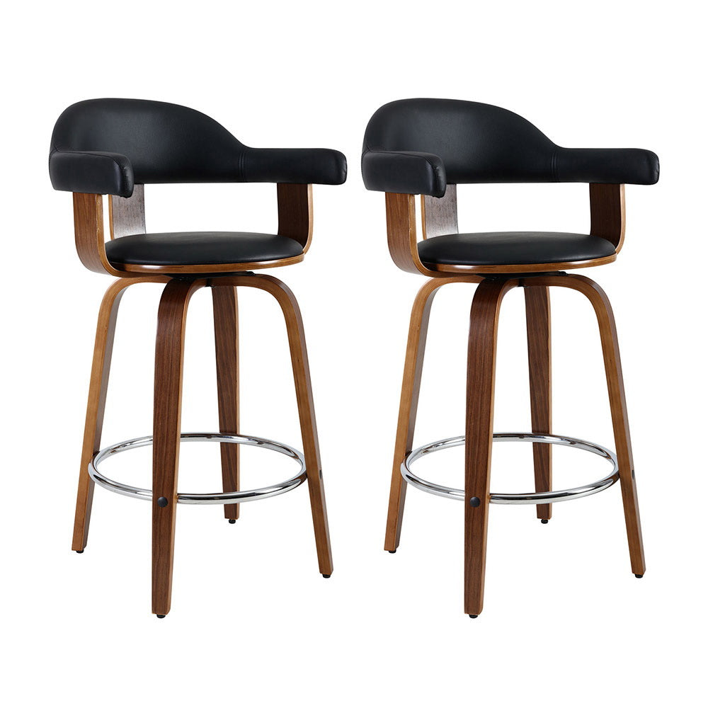 Artiss Set of 2 Bar Stools PU Leather Wooden Swivel - Wood, Chrome and Black - Newstart Furniture